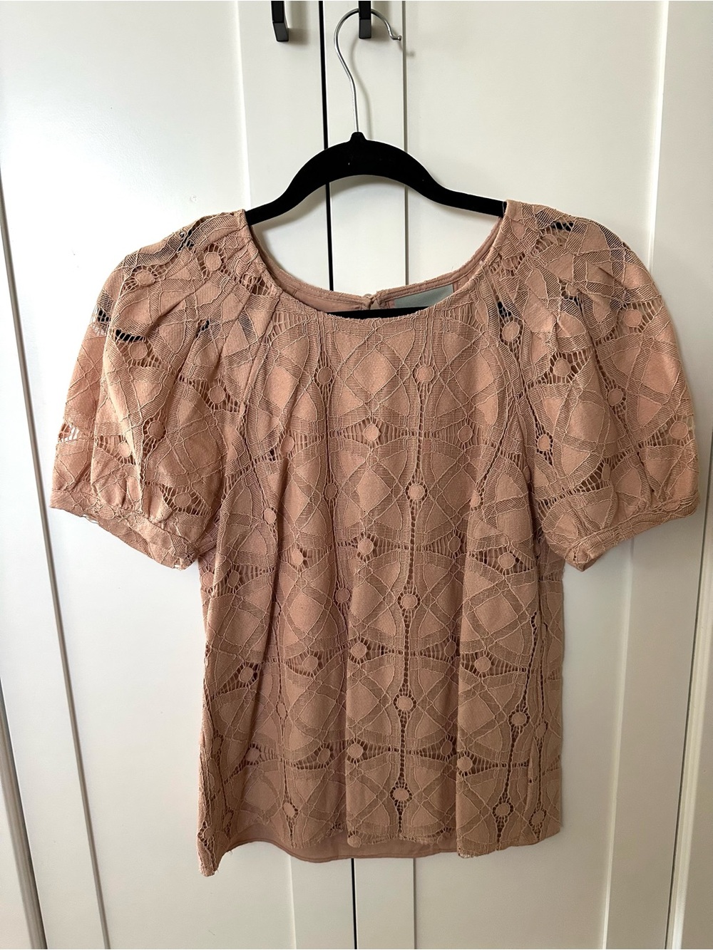 Anthropologie Blush Lace Puff Sleeve Top
